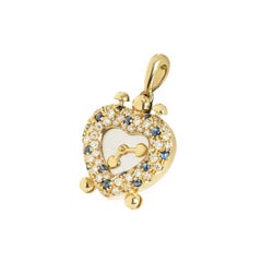18k Yellow Gold Diamond & Sapphire Heart Clock Pendant, 21st Century