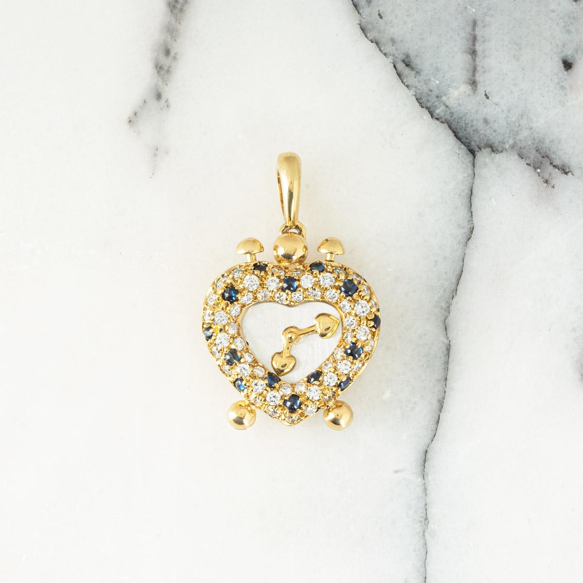 Women's Diamond and Sapphire Heart Clock Pendant For Sale