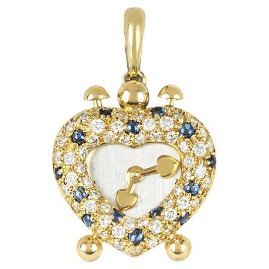 Diamond and Sapphire Heart Clock Pendant For Sale