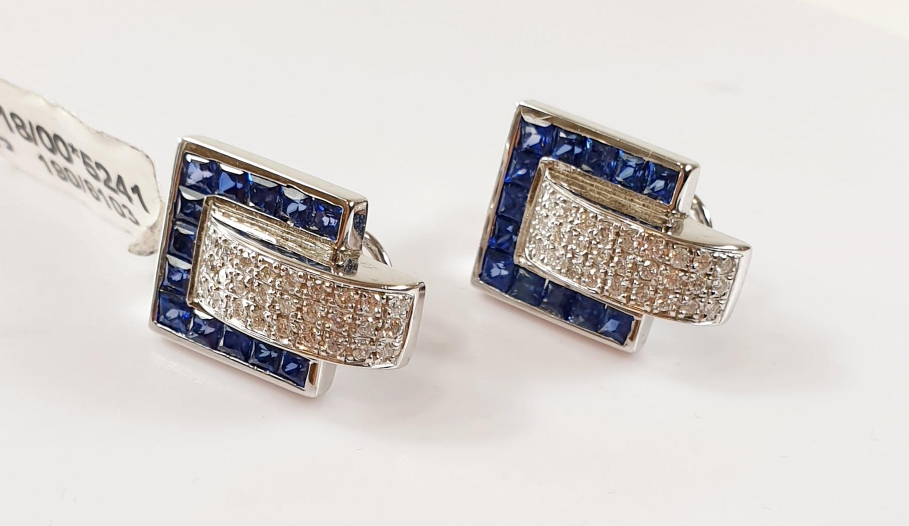 Contemporary Diamond and Sapphire Hoops Earrings in 18 Karat White Gold 