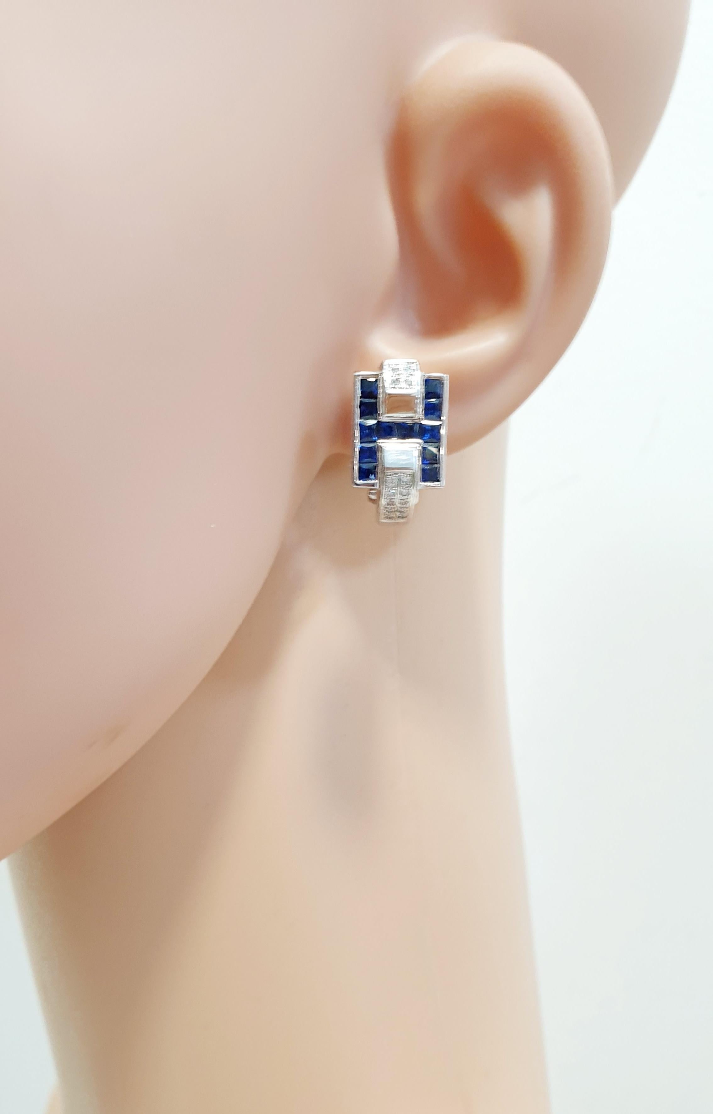 Baguette Cut Diamond and Sapphire Hoops Earrings in 18 Karat White Gold with H Design For Sale