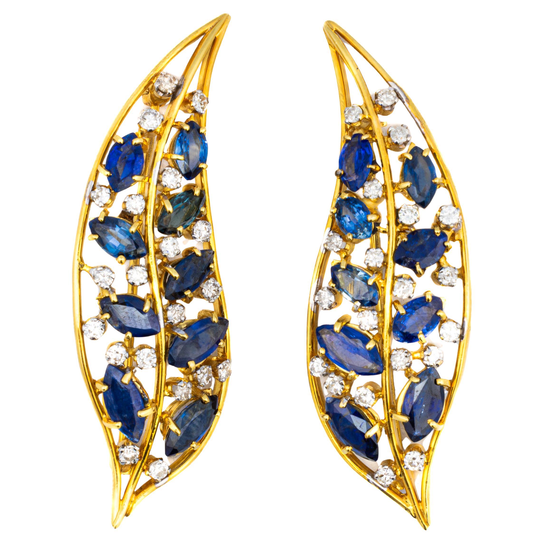 Diamond and Sapphire Leaf Brooch Pair