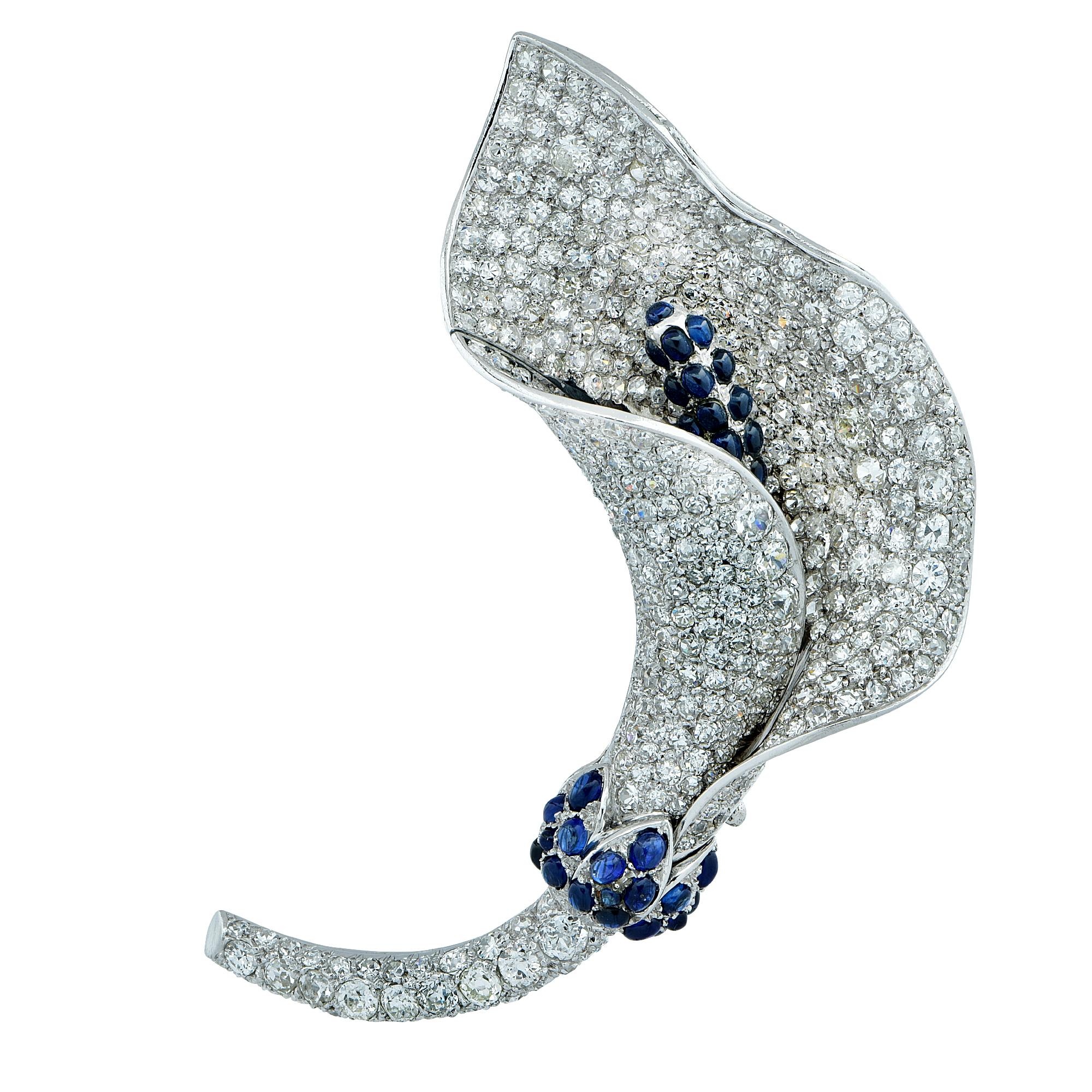 Old European Cut Diamond and Sapphire Lily Brooch Pin