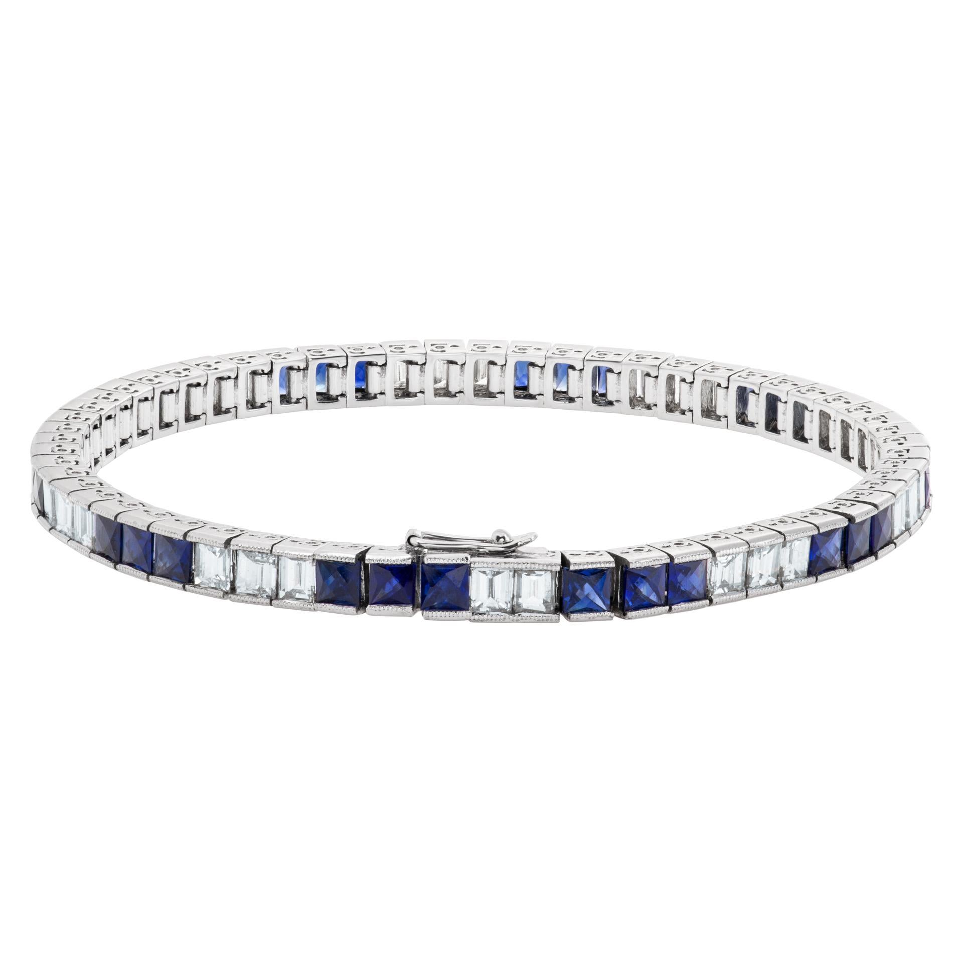 Square Cut Diamond and Sapphire Line Bracelet in Platinum