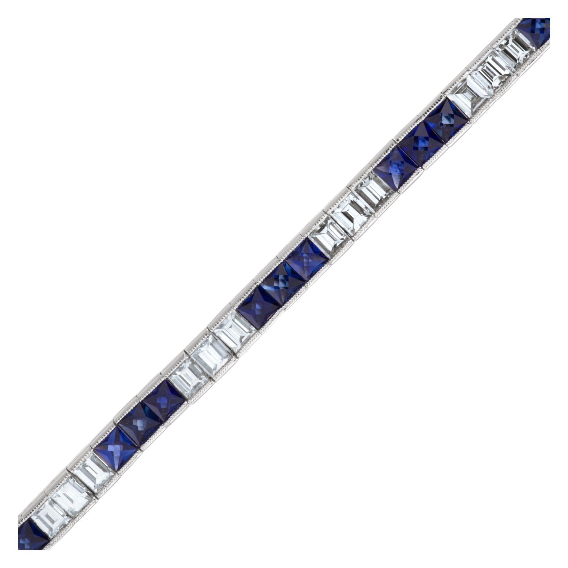Diamond and Sapphire Line Bracelet in Platinum In Excellent Condition In Surfside, FL
