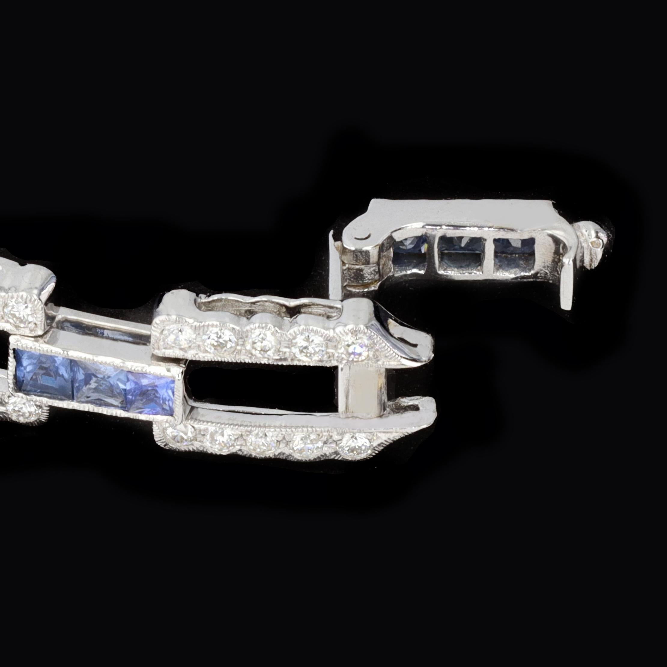 French Cut Diamond and Sapphire Link Bracelet For Sale