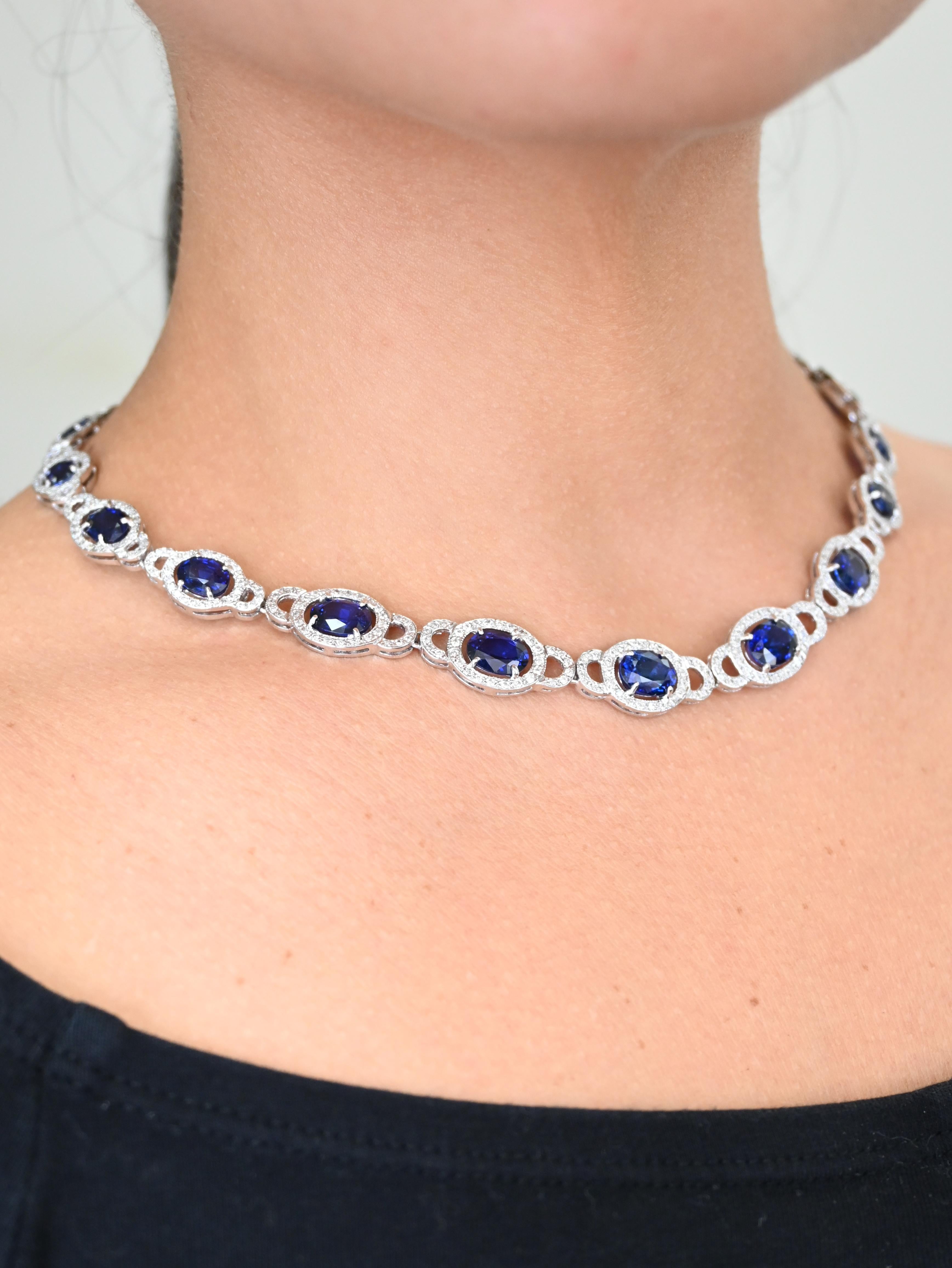 Beautiful necklace features 7.01 carats of white diamonds and 31.02 carats of sapphires. 