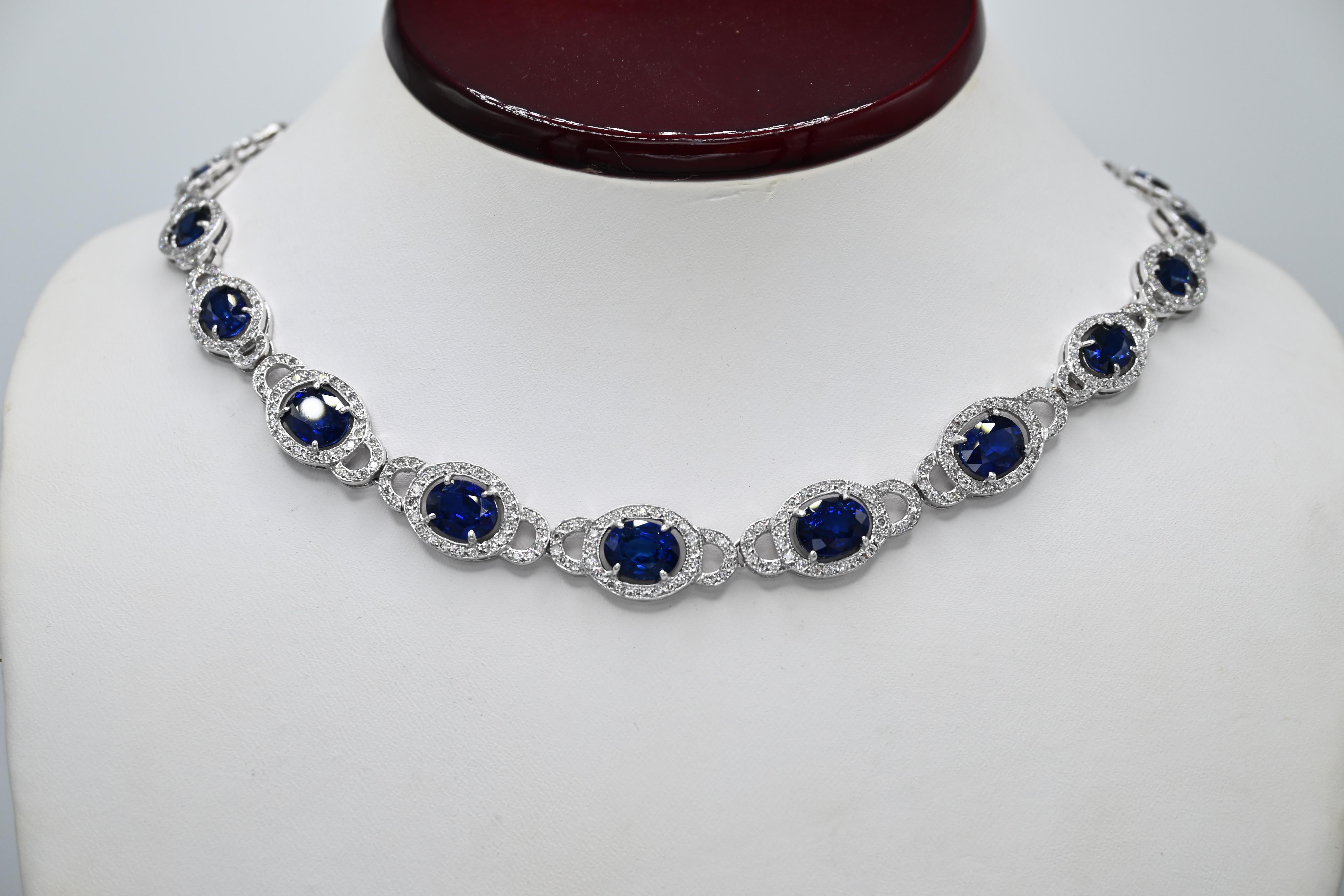 Oval Cut Diamond and Sapphire Link Necklace For Sale