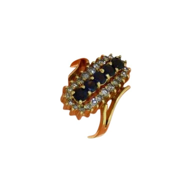 Diamond and Sapphire Long Oval Yellow Gold Ring
