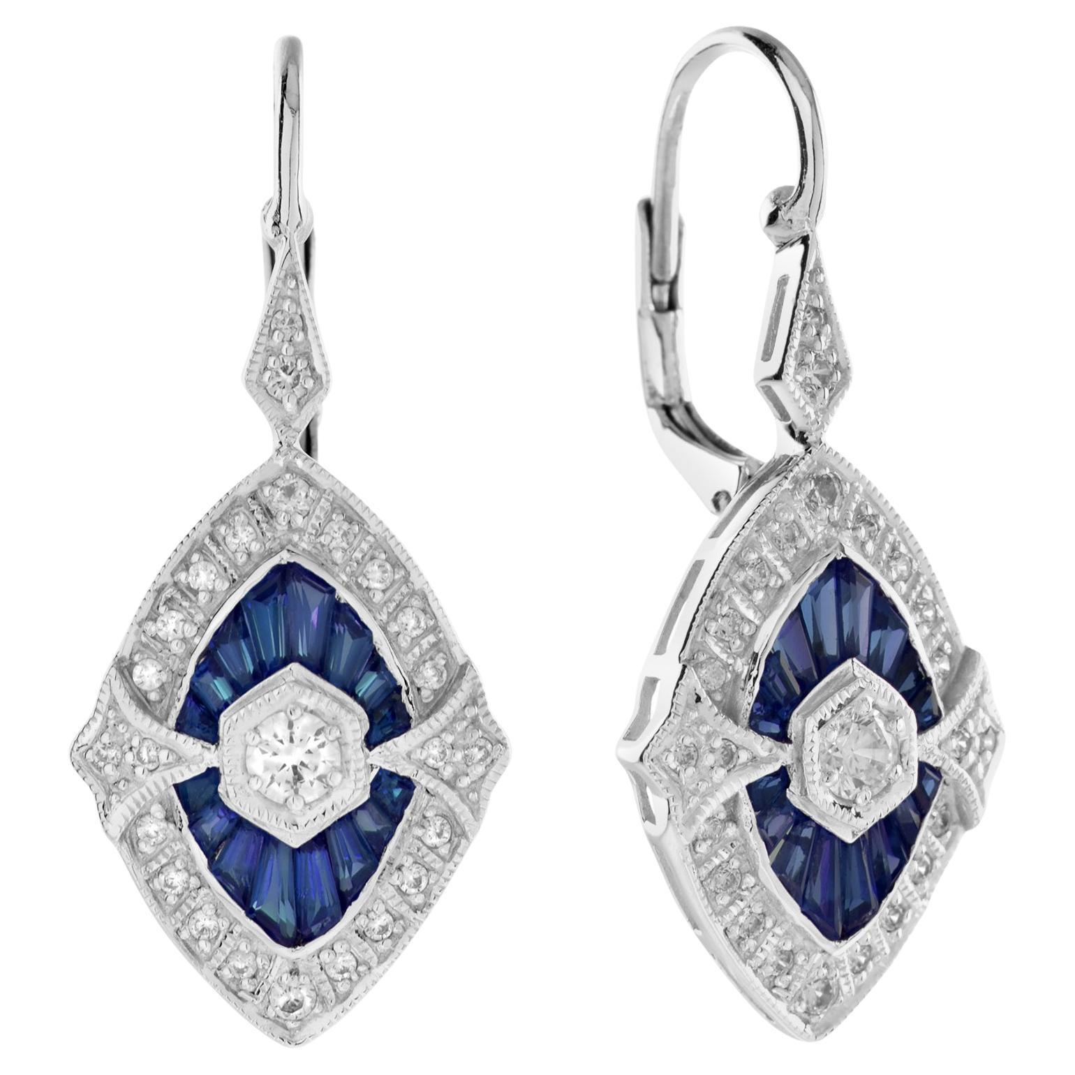 Diamond and Sapphire Marquise Shape Drop Earrings in 18K White Gold