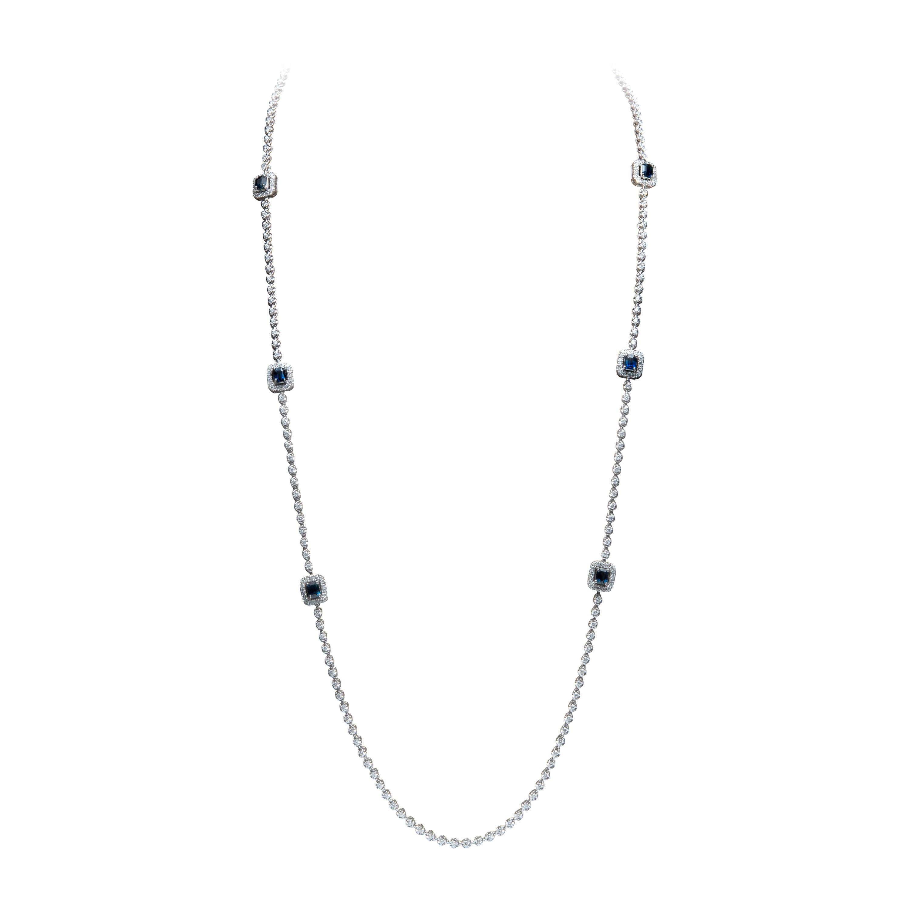 Diamond and Sapphire Necklace, 18 Karat White Gold For Sale