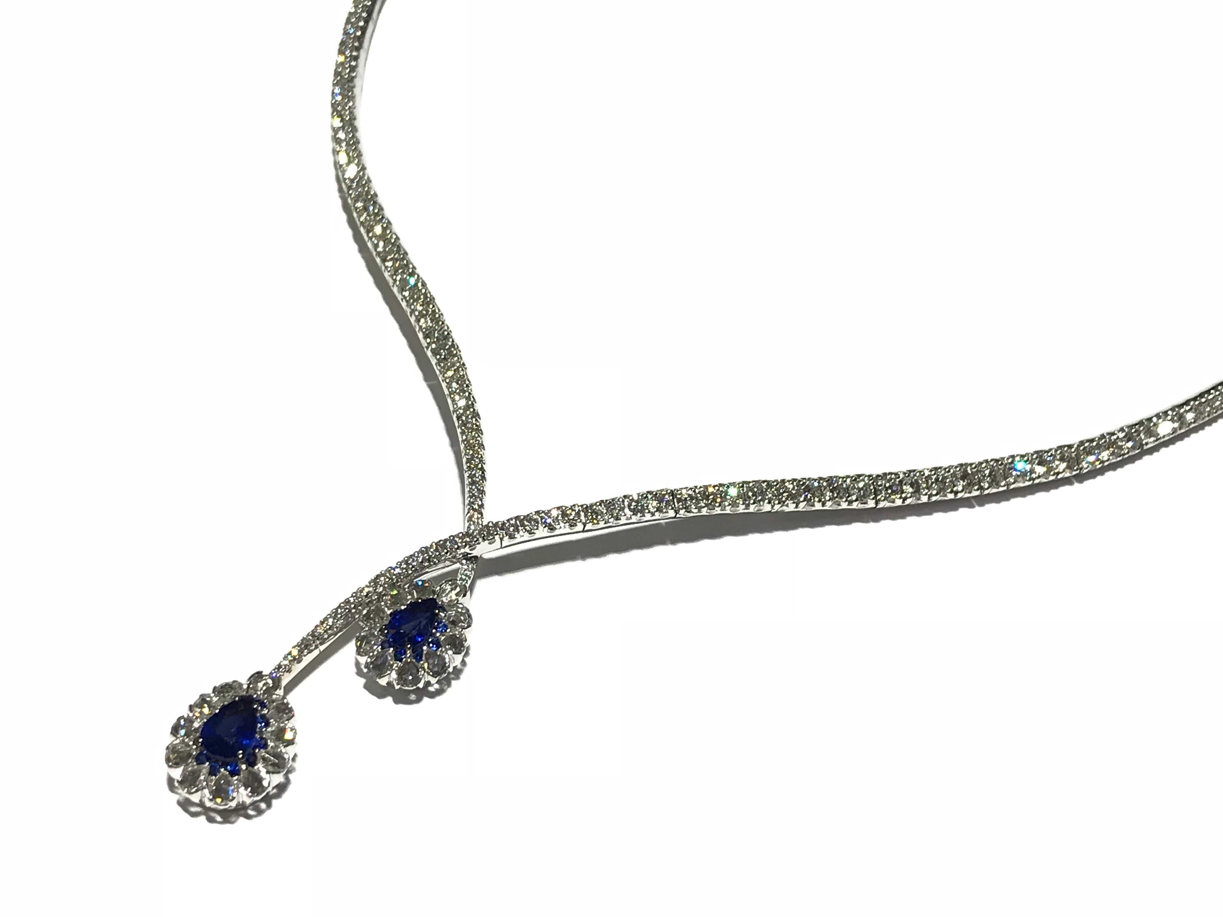 Diamond and Sapphire Necklace 6.22 ct diamond VS clarity F colour 
1.61 ct Sapphire 
18kt white gold 