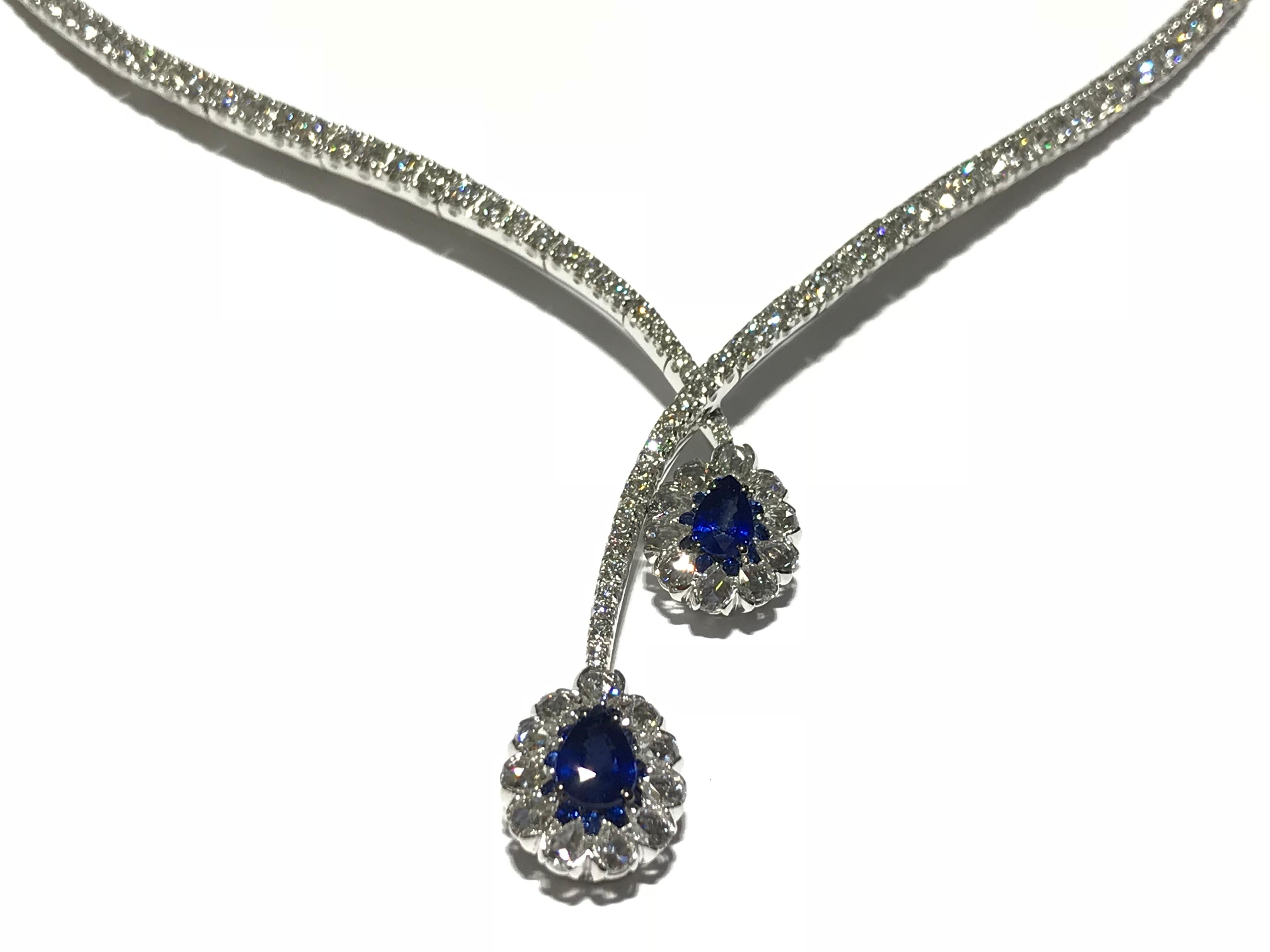 Pear Cut Diamond and Sapphire Necklace For Sale