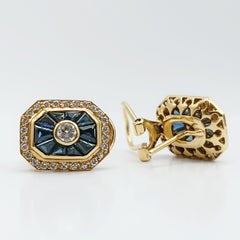 Diamond and Sapphire Octagonal Earrings 18K Yellow Gold
