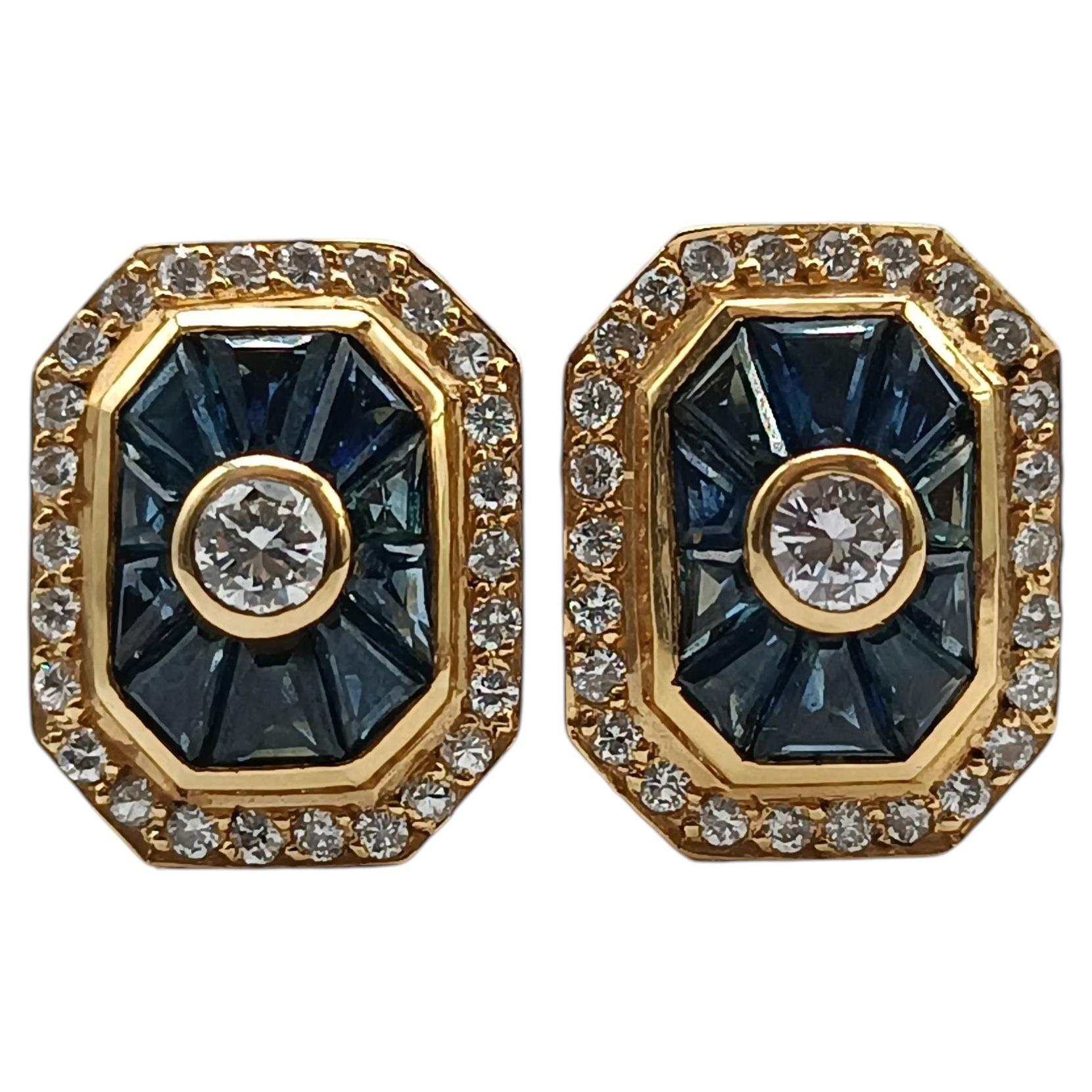 Diamond and Sapphire Octagonal Earrings 18K Yellow Gold For Sale