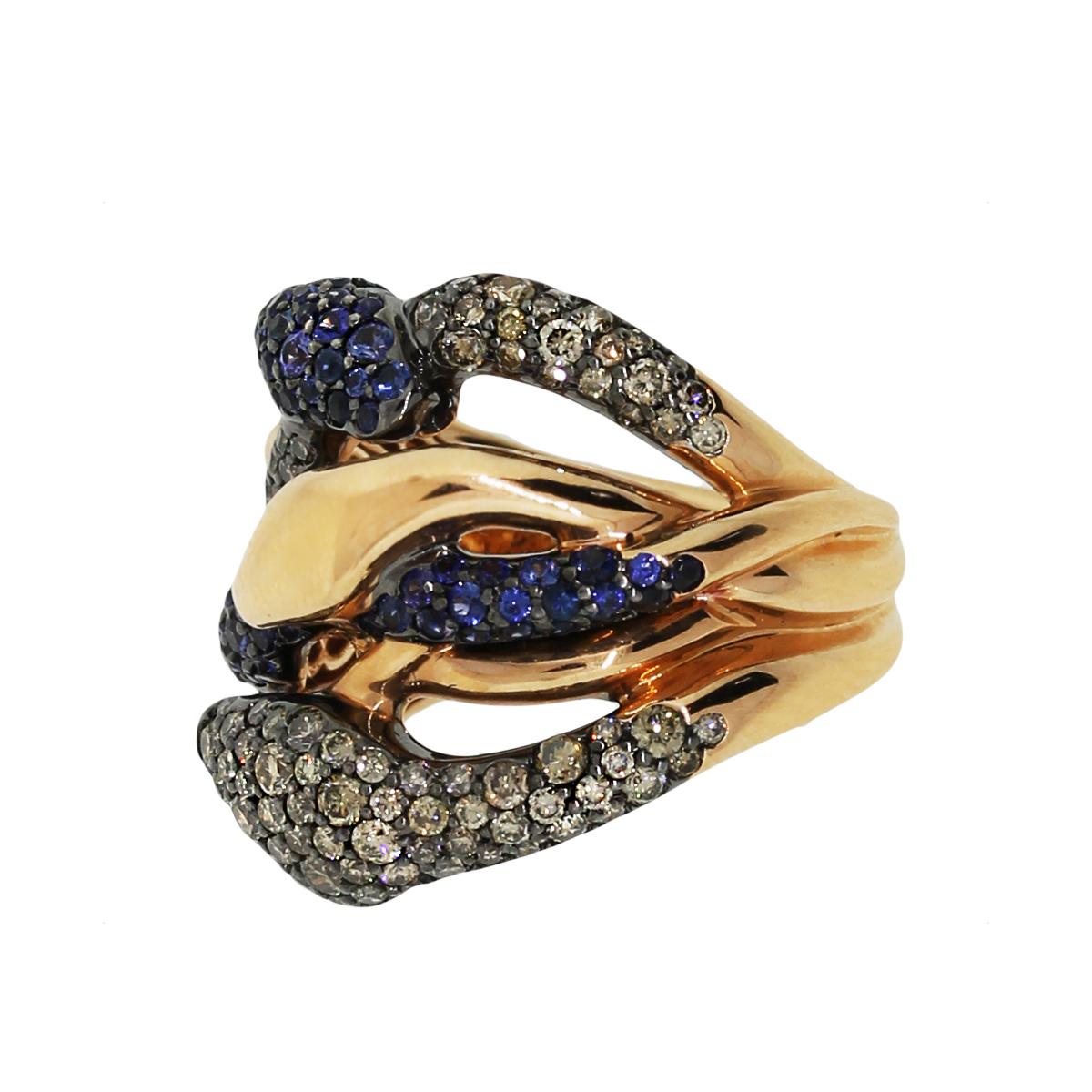 Round Cut Diamond and Sapphire Open Freeform Snake Ring