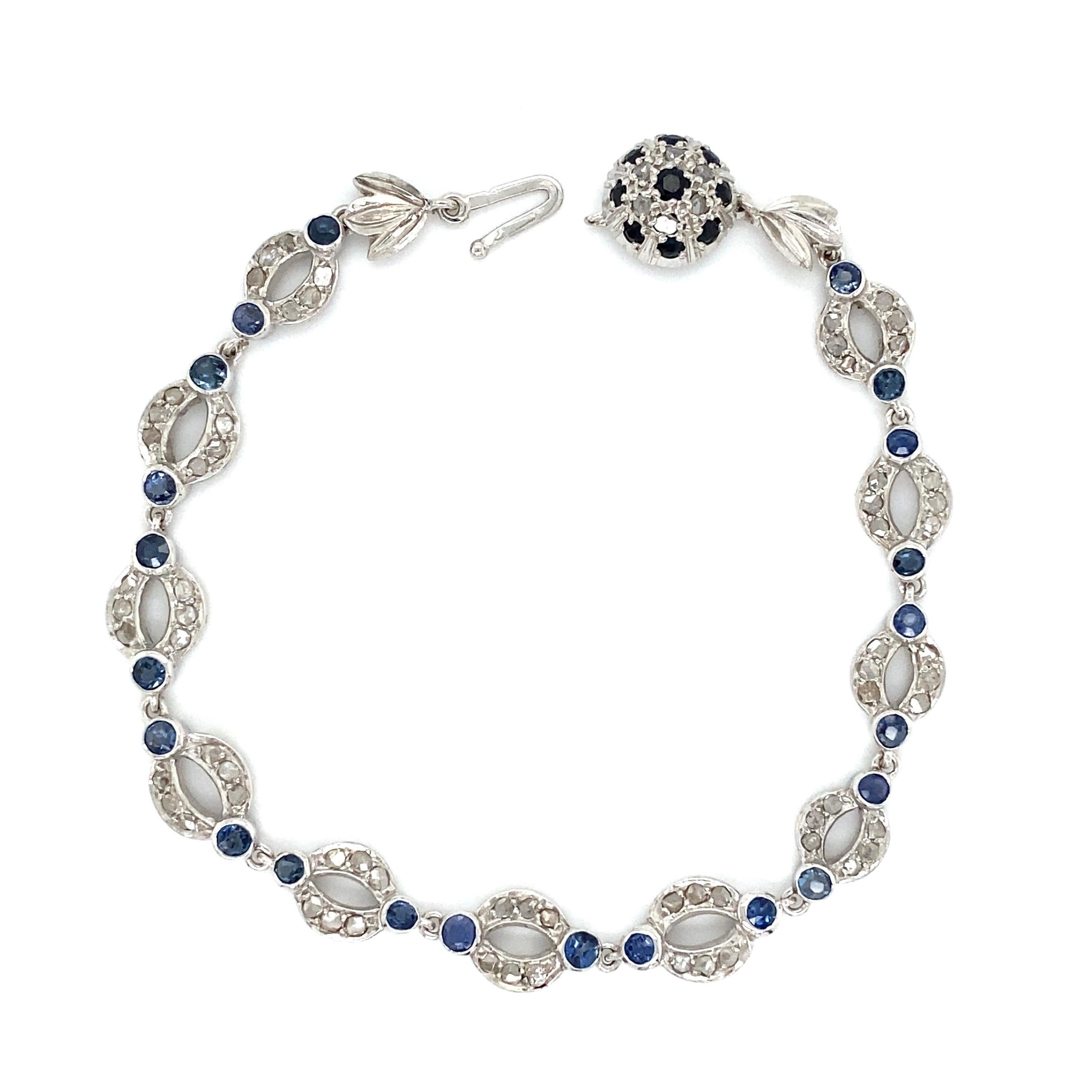 Mixed Cut Diamond and Sapphire Open Link Platinum Bracelet Estate Fine Jewelry For Sale