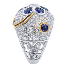 Diamond and Sapphire Pave Encrusted Ring 18 Karat White Gold