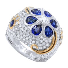 Diamond and Sapphire Pave Encrusted Ring 18 Karat White Gold
