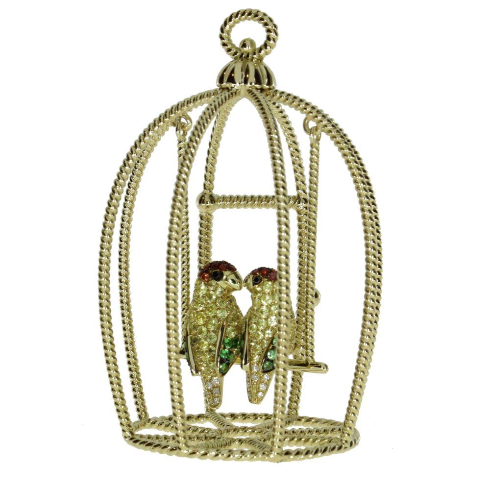 Artisan Diamond and Sapphire Pavè Two Parrots in a Cage Necklace Pendant in 18kt Gold For Sale