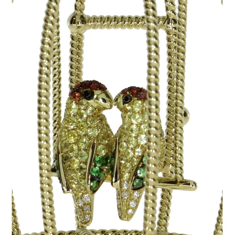Brilliant Cut Diamond and Sapphire Pavè Two Parrots in a Cage Necklace Pendant in 18kt Gold For Sale