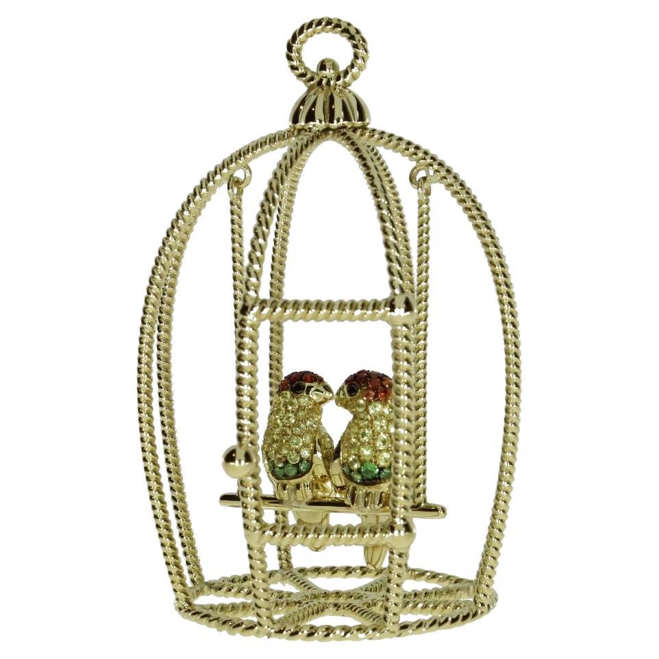 Diamond and Sapphire Pavè Two Parrots in a Cage Necklace Pendant in 18kt Gold For Sale
