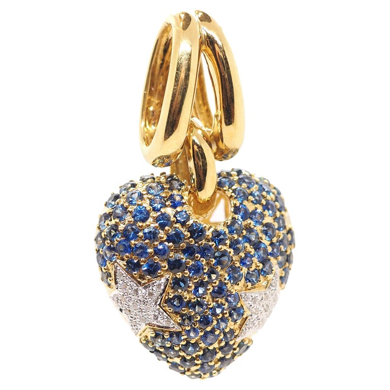 Diamond and Sapphire Pendant Heart Shaped 18 Karat Yellow Gold For Sale ...