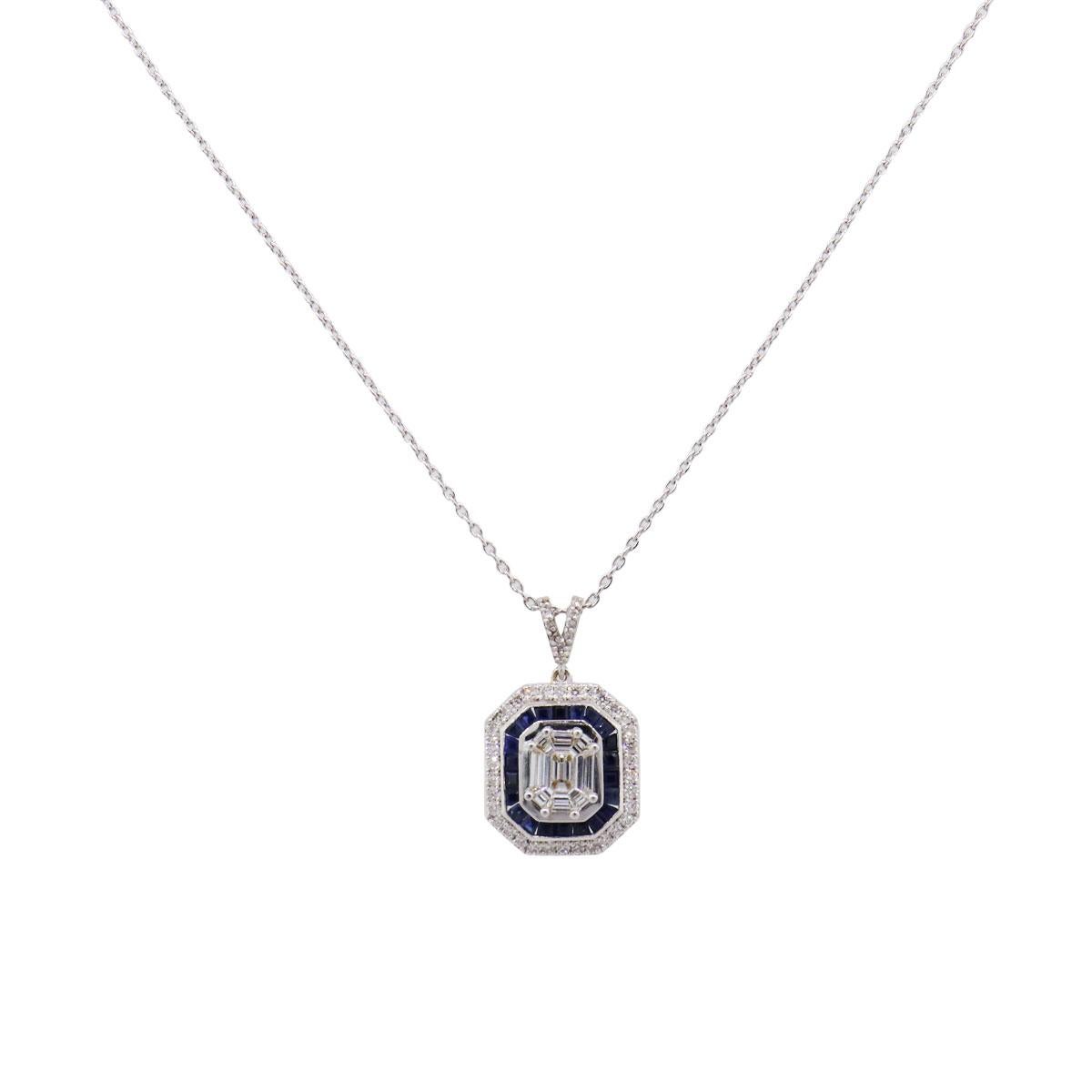 Material: 18k white gold
Diamond Details: Approximately 0.71ctw of round brilliant diamonds. Diamonds are G/H in color and VS in clarity
Gemstone Details: Approximately 0.70ctw of blue sapphires
Measurements: Necklace measures 17.75″ in