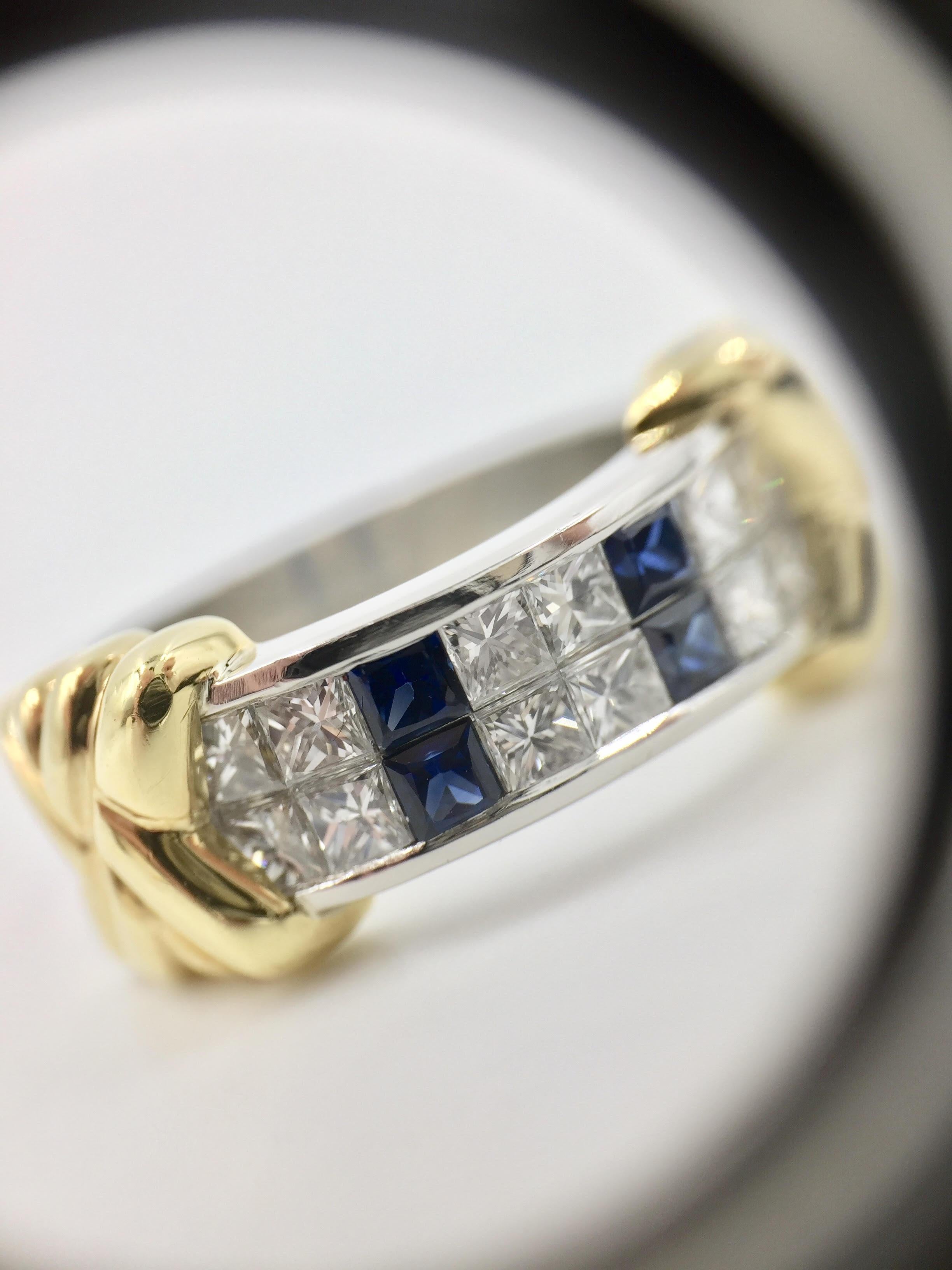 Diamond and Sapphire Platinum and 18 Karat Gold Wide Ring by Christopher Designs For Sale 5