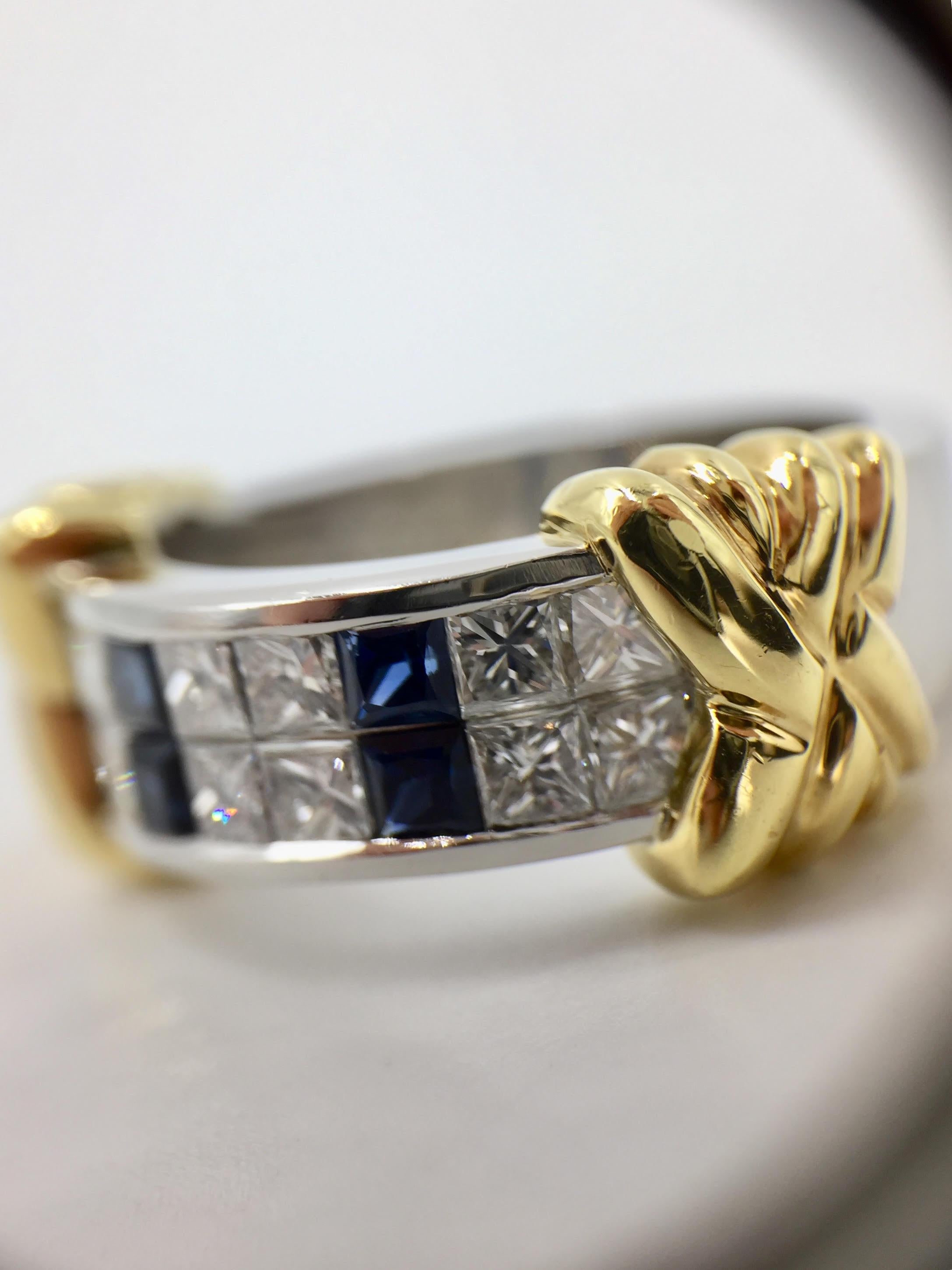 Diamond and Sapphire Platinum and 18 Karat Gold Wide Ring by Christopher Designs For Sale 6