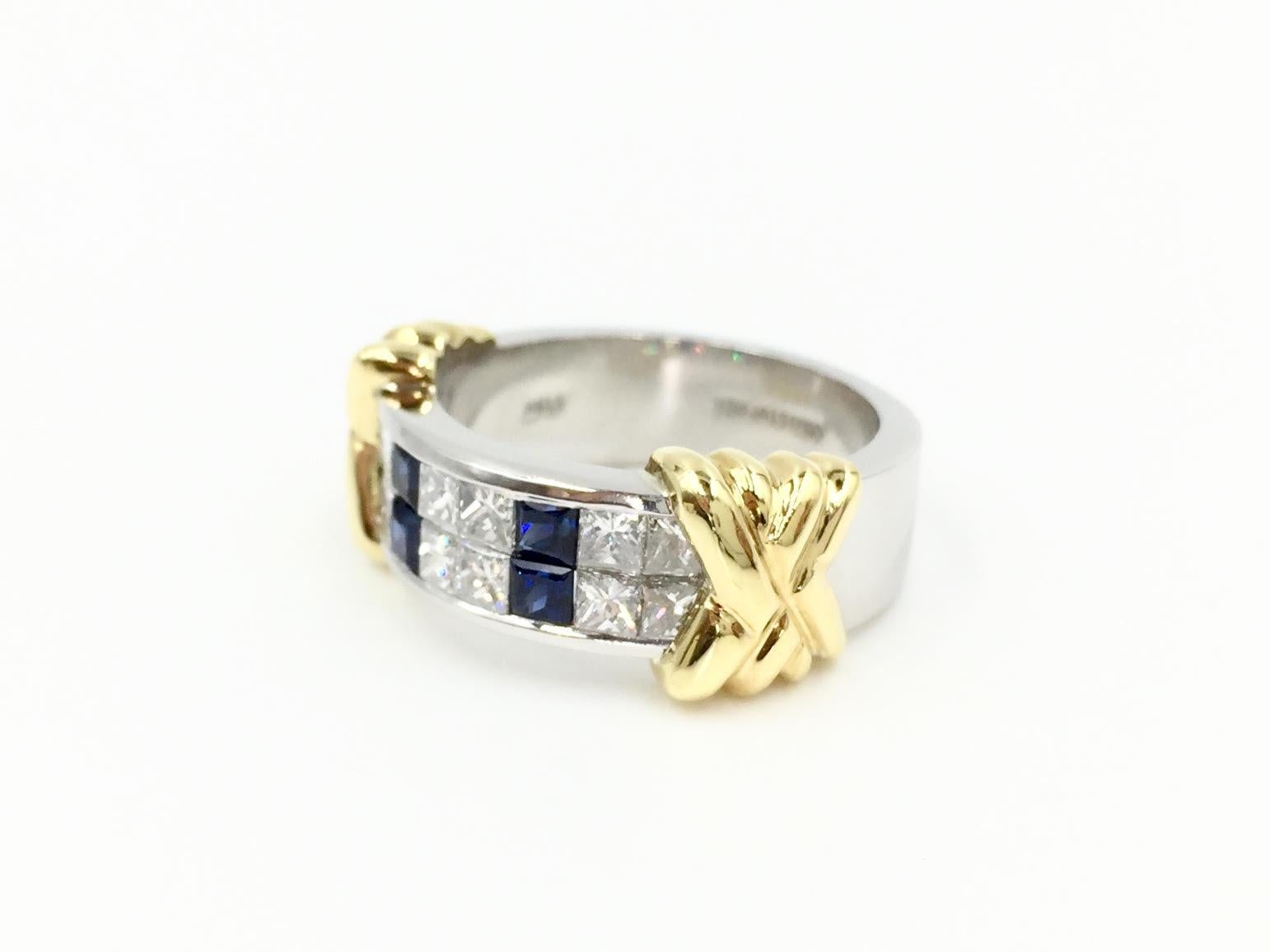 Contemporary Diamond and Sapphire Platinum and 18 Karat Gold Wide Ring by Christopher Designs For Sale