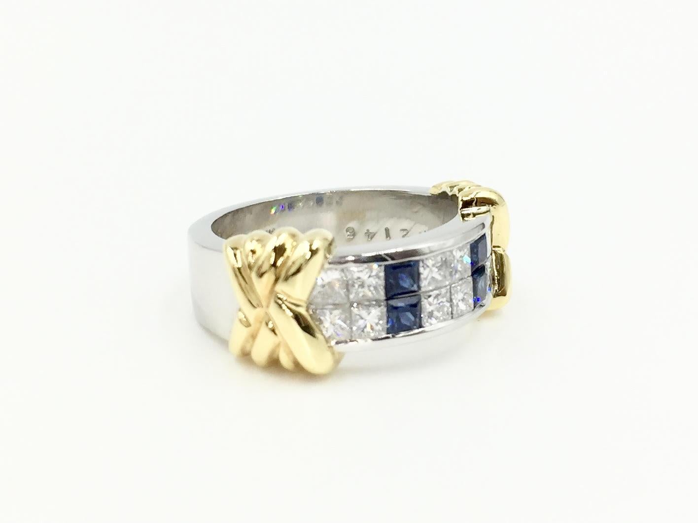 Princess Cut Diamond and Sapphire Platinum and 18 Karat Gold Wide Ring by Christopher Designs For Sale