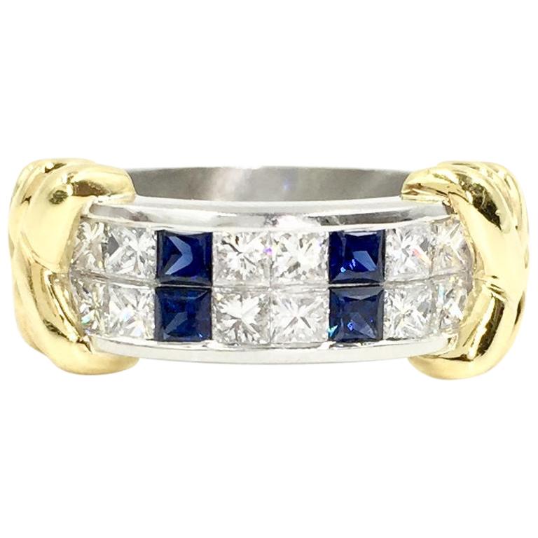 Diamond and Sapphire Platinum and 18 Karat Gold Wide Ring by Christopher Designs For Sale