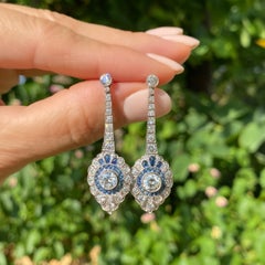 Diamond and Sapphire Platinum Art Deco Style Drop Earrings Estate Fine Jewelry