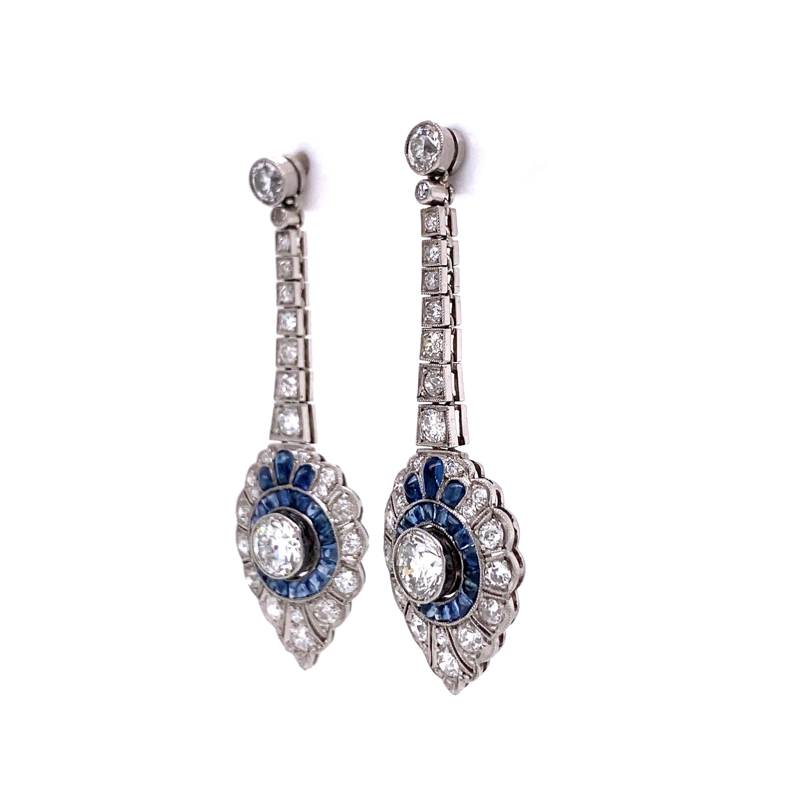 Mixed Cut Diamond and Sapphire Platinum Art Deco Style Drop Earrings Estate Fine Jewelry
