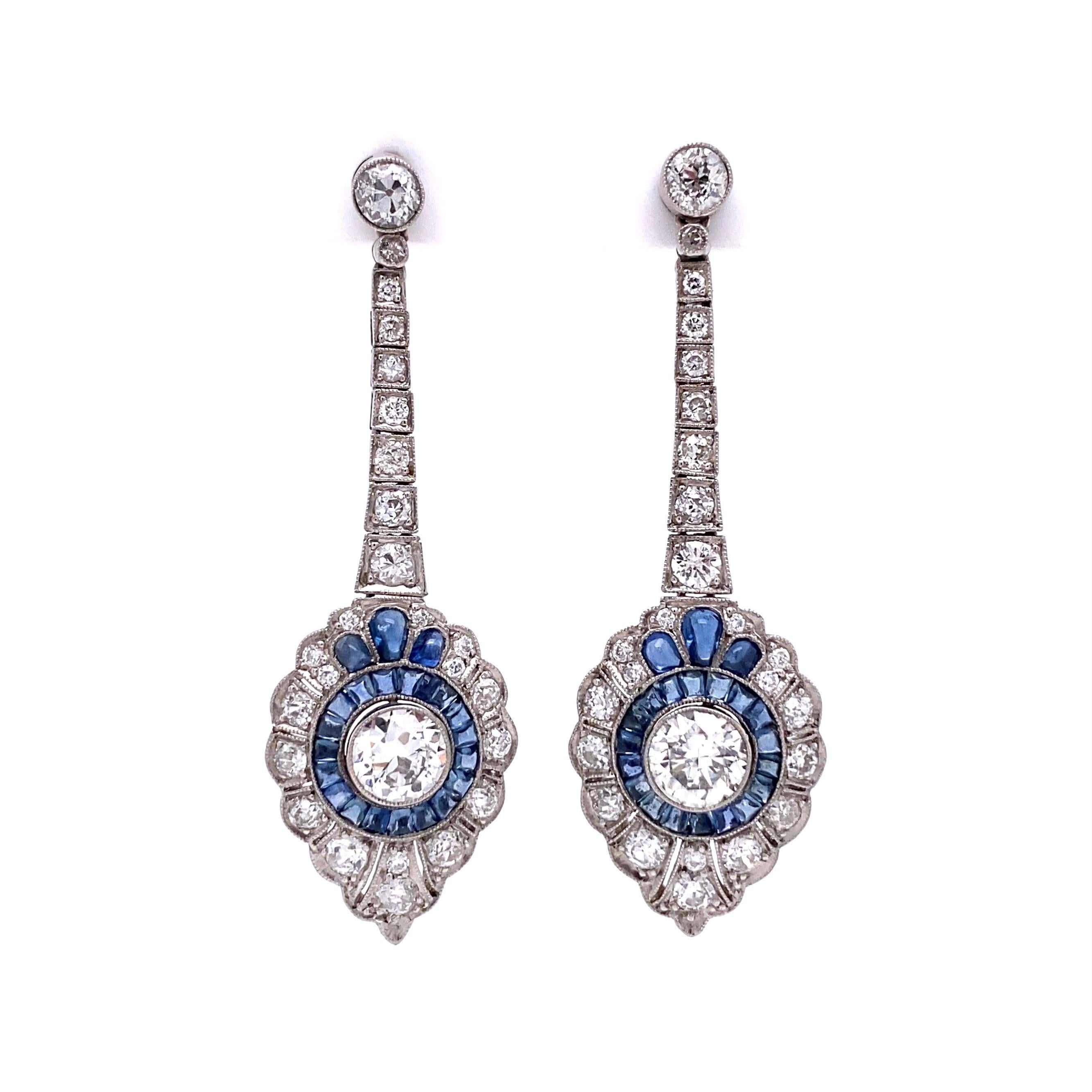 Women's Diamond and Sapphire Platinum Art Deco Style Drop Earrings Estate Fine Jewelry