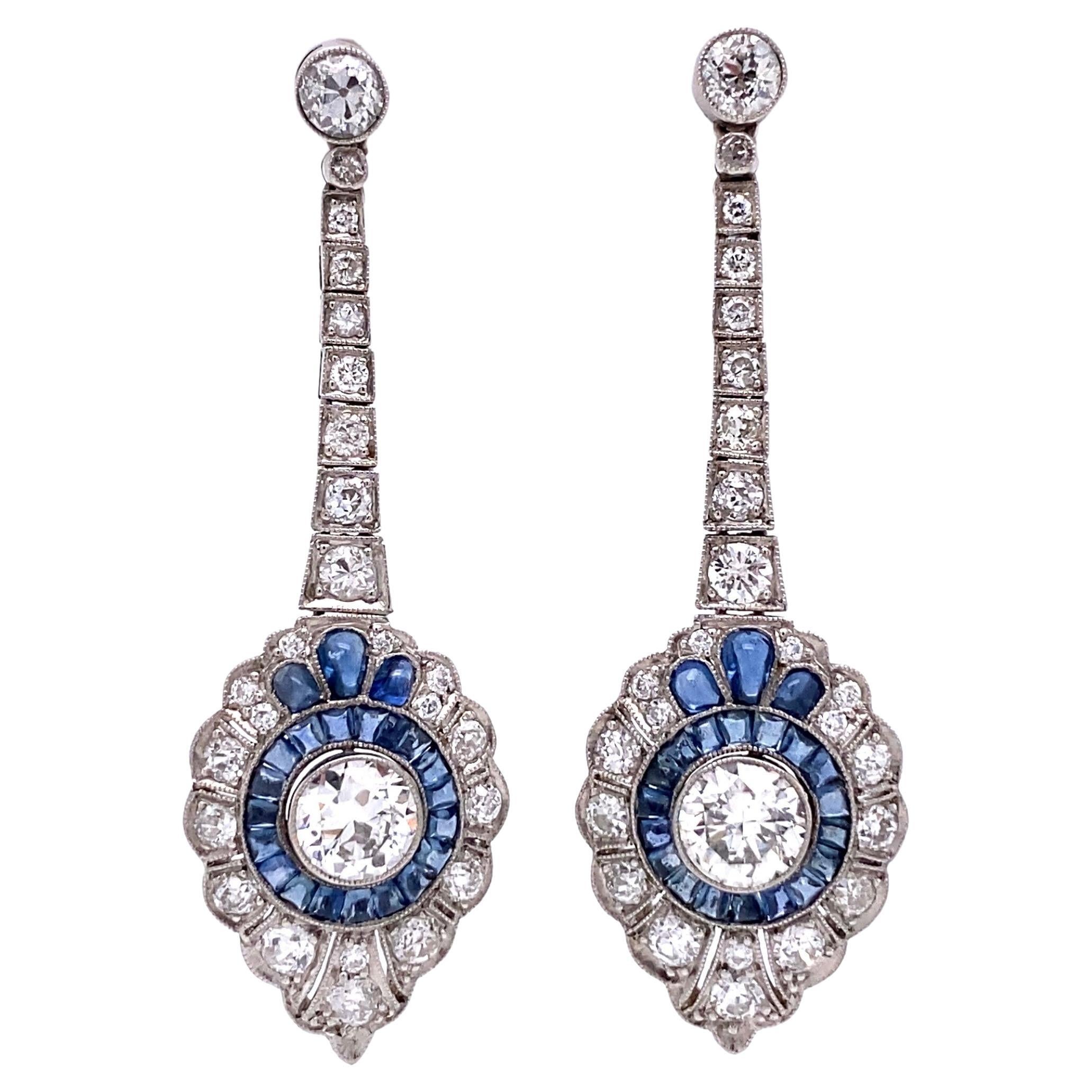 Diamond and Sapphire Platinum Art Deco Style Drop Earrings Estate Fine Jewelry