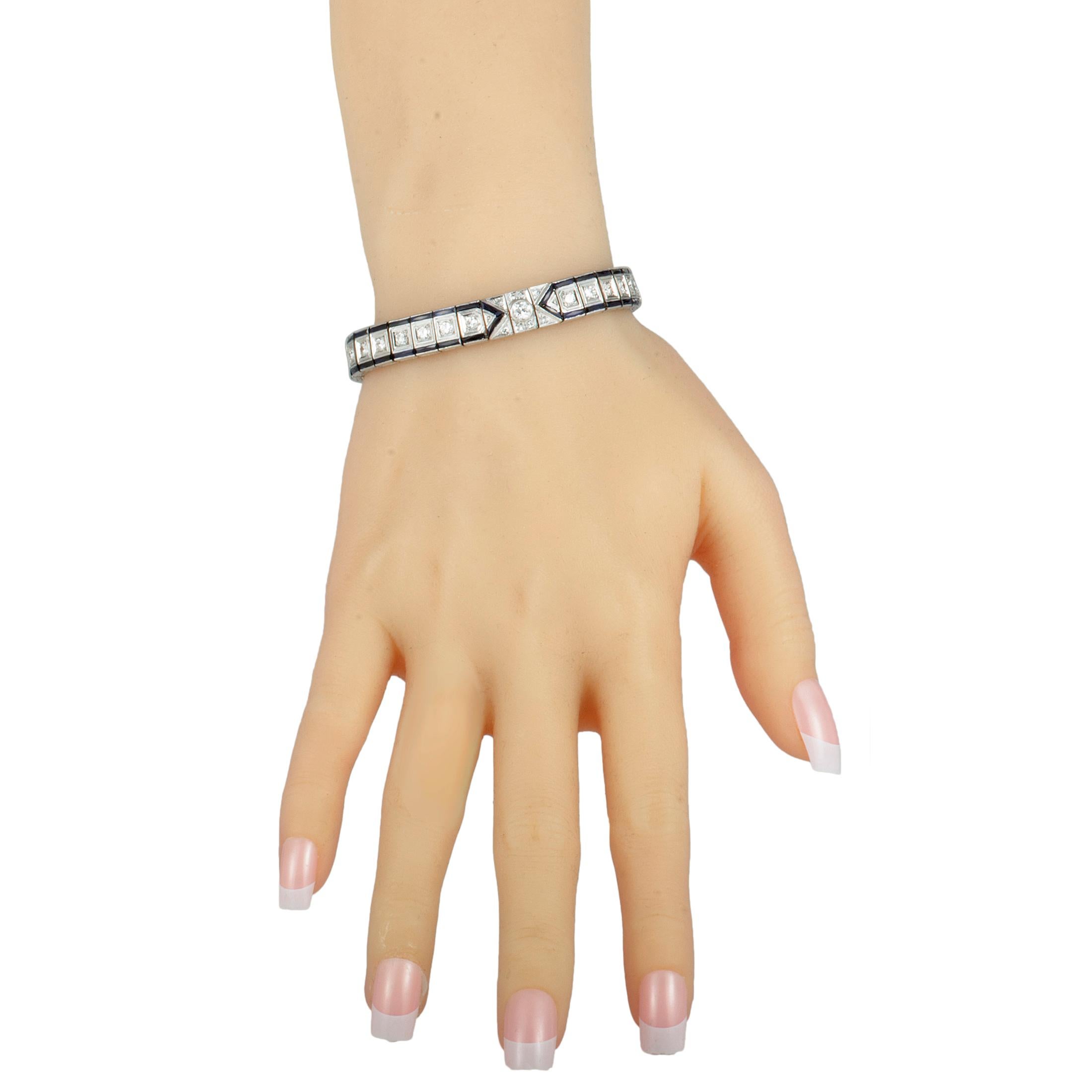 With an exceptionally refined design that is reminiscent of the famed Art Deco style, this sublime bracelet boasts a compellingly classy appeal. The bracelet is made of elegant platinum and embellished with a total of approximately 3.50 carats of