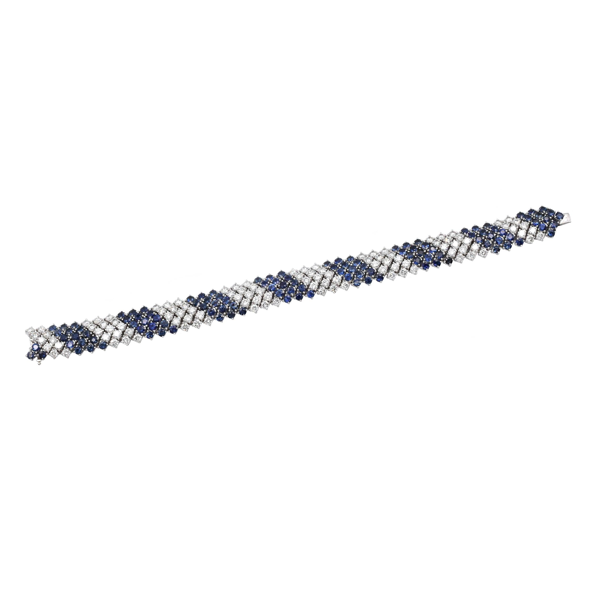 Contemporary Diamond and Sapphire Platinum Bracelet For Sale