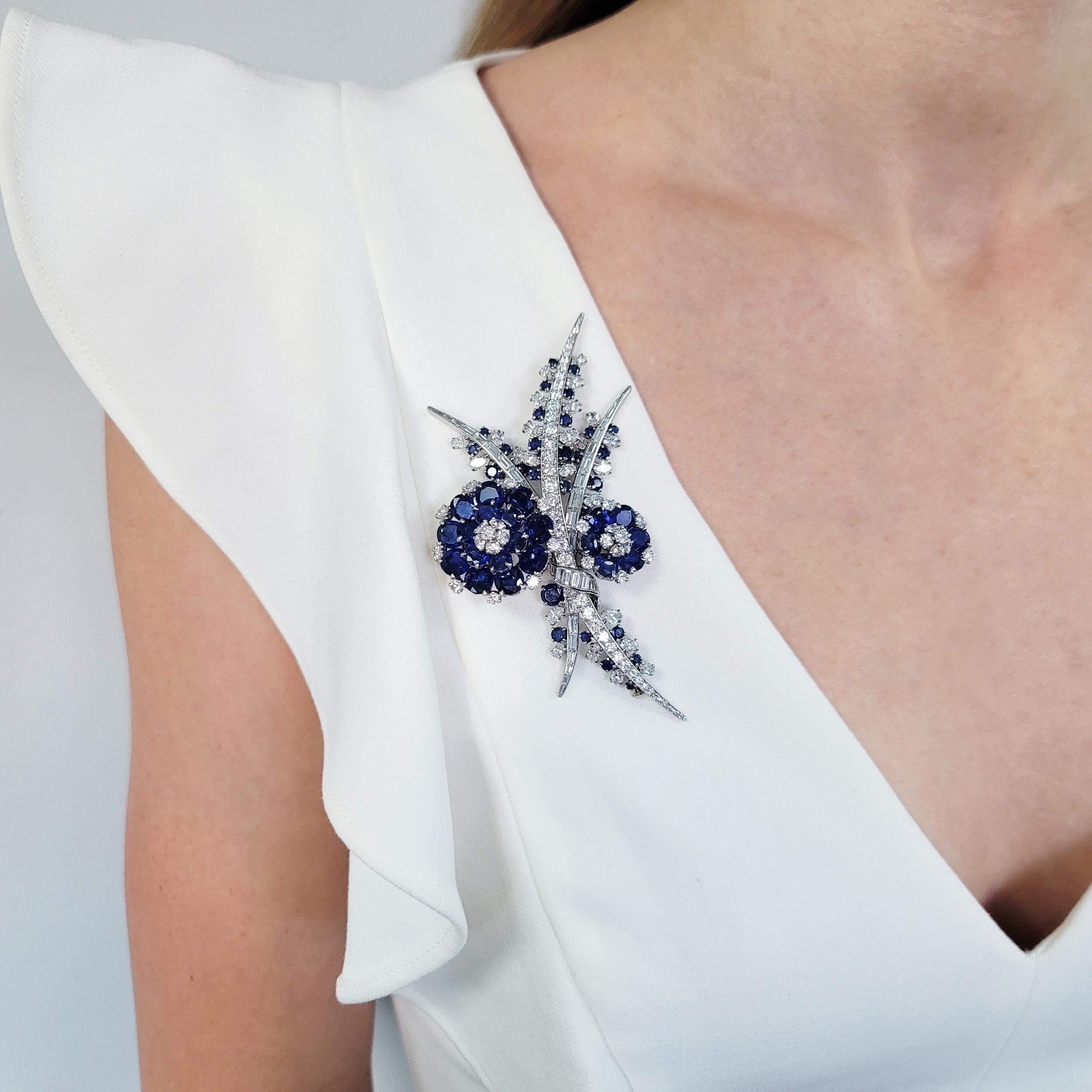 Artist Diamond and Sapphire Platinum Flower Brooch, French