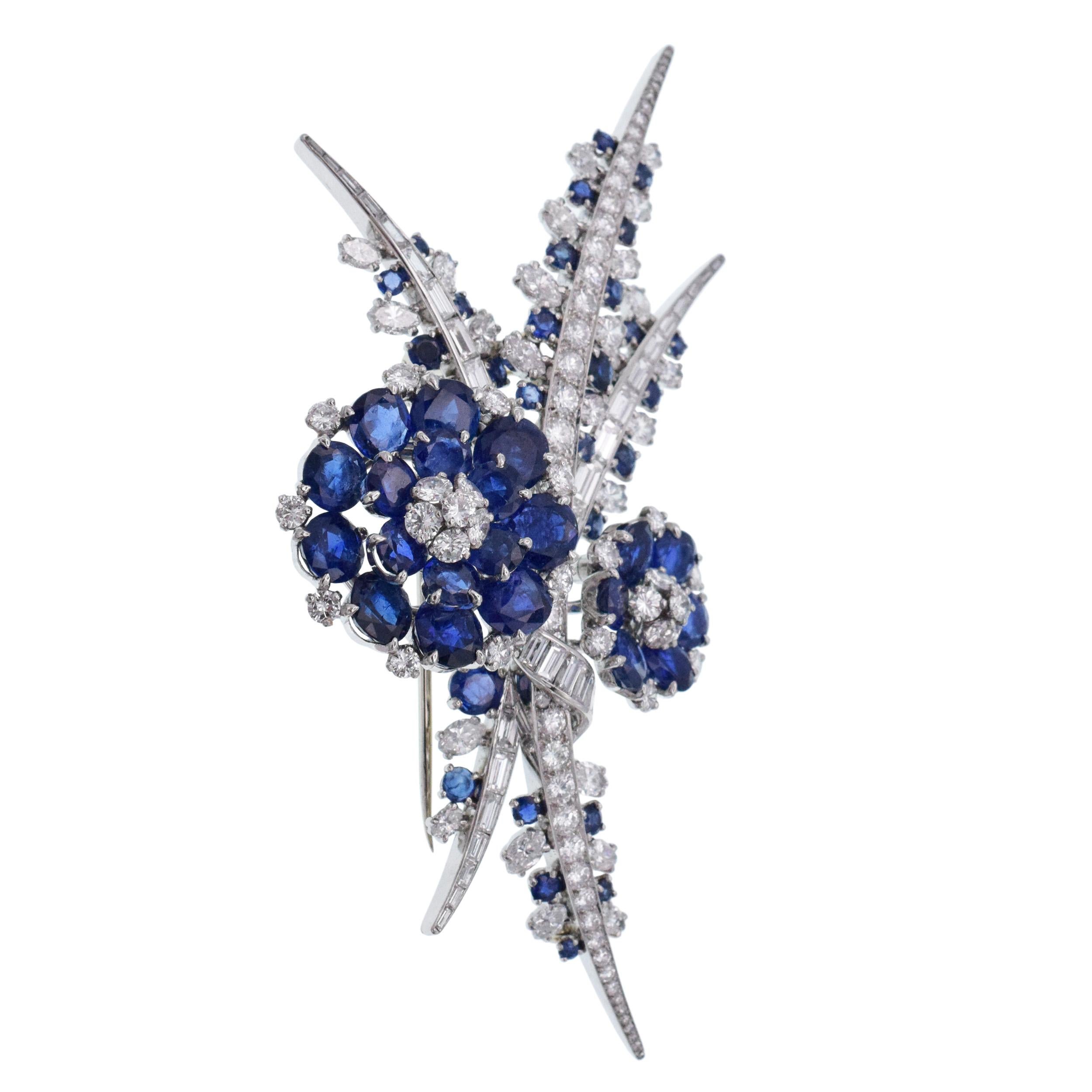 Round Cut Diamond and Sapphire Platinum Flower Brooch, French