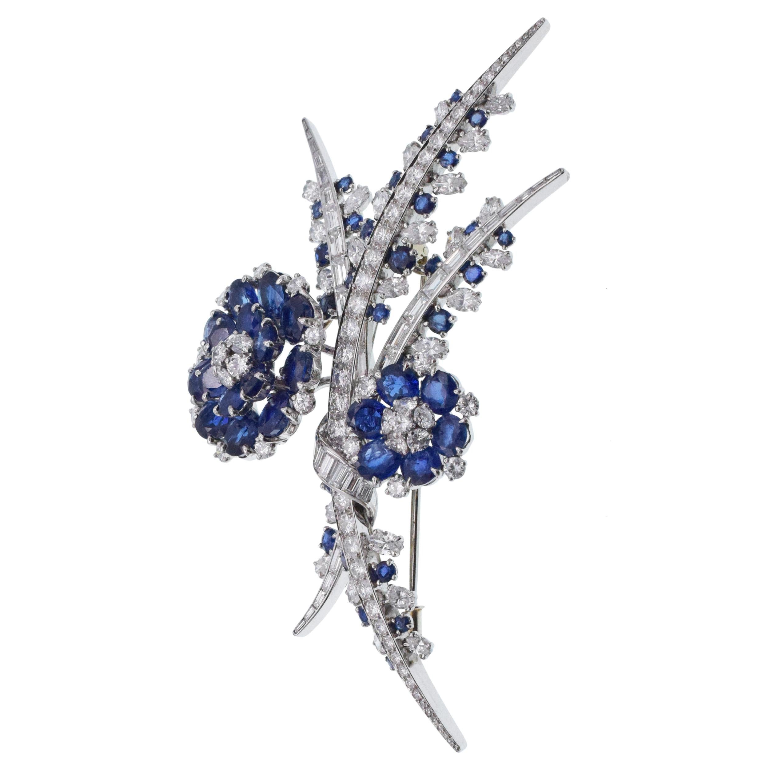 Diamond and Sapphire Platinum Flower Brooch, French In Excellent Condition In New York, NY