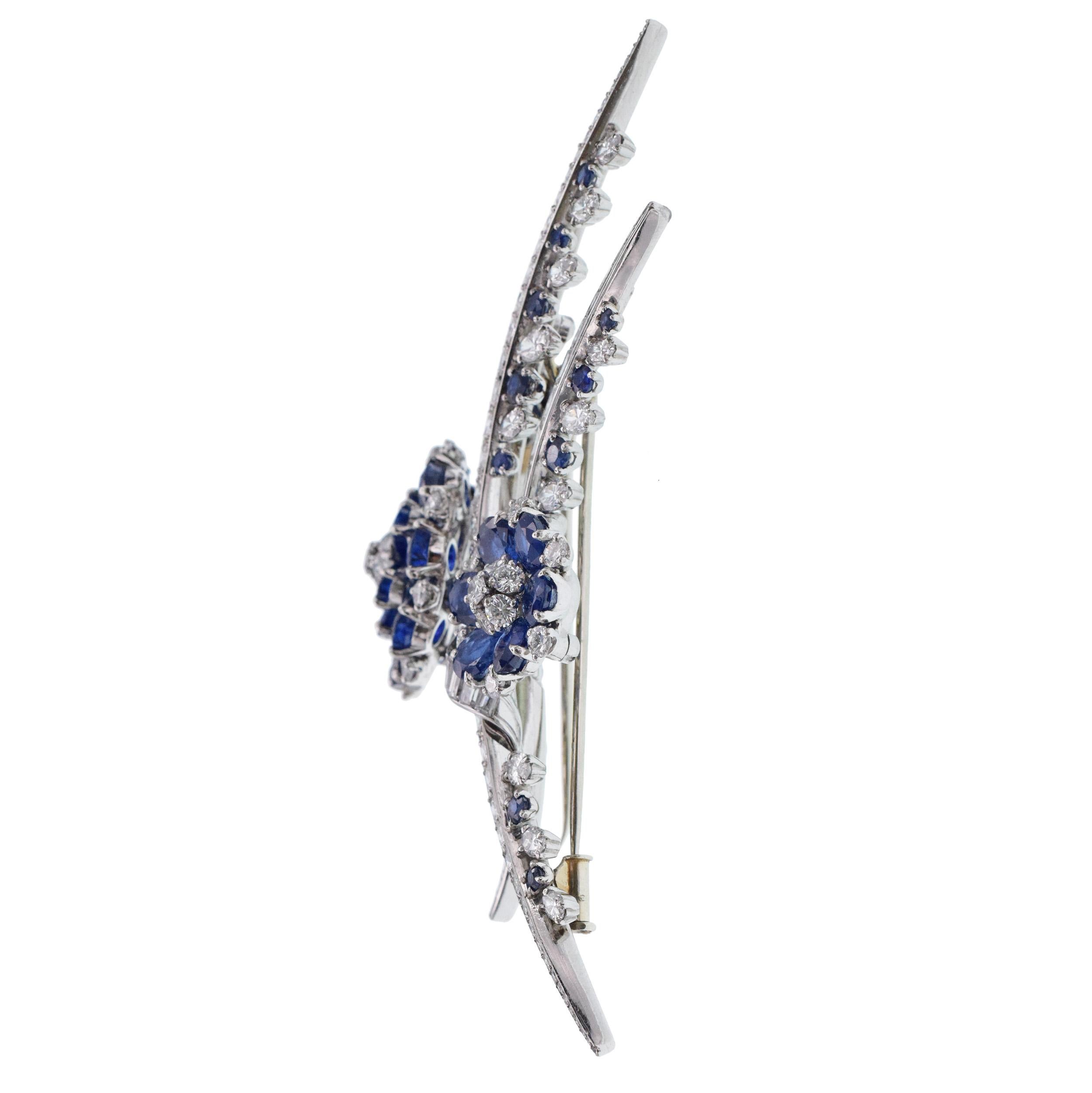 Women's or Men's Diamond and Sapphire Platinum Flower Brooch, French