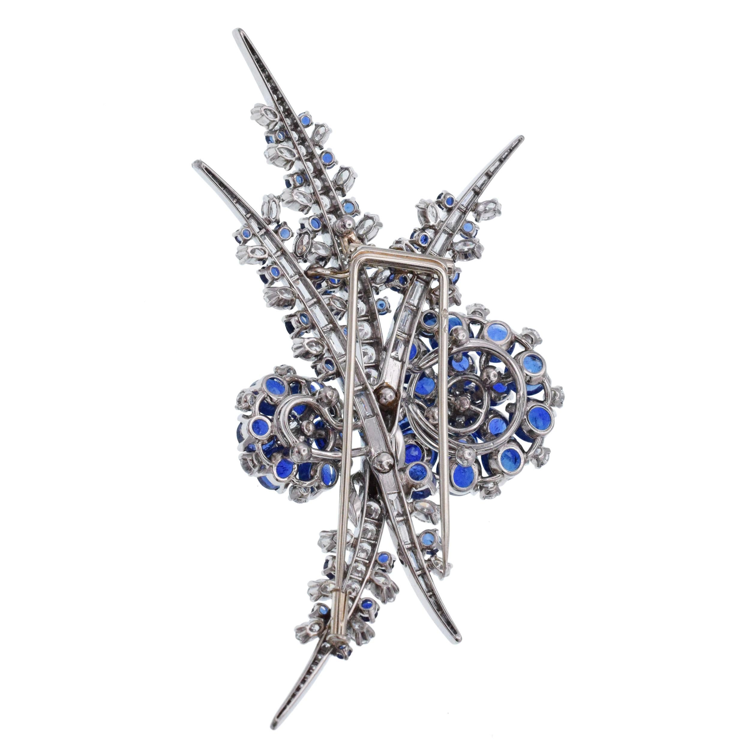 Diamond and Sapphire Platinum Flower Brooch, French 3