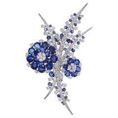 Diamond and Sapphire Platinum Flower Brooch, French