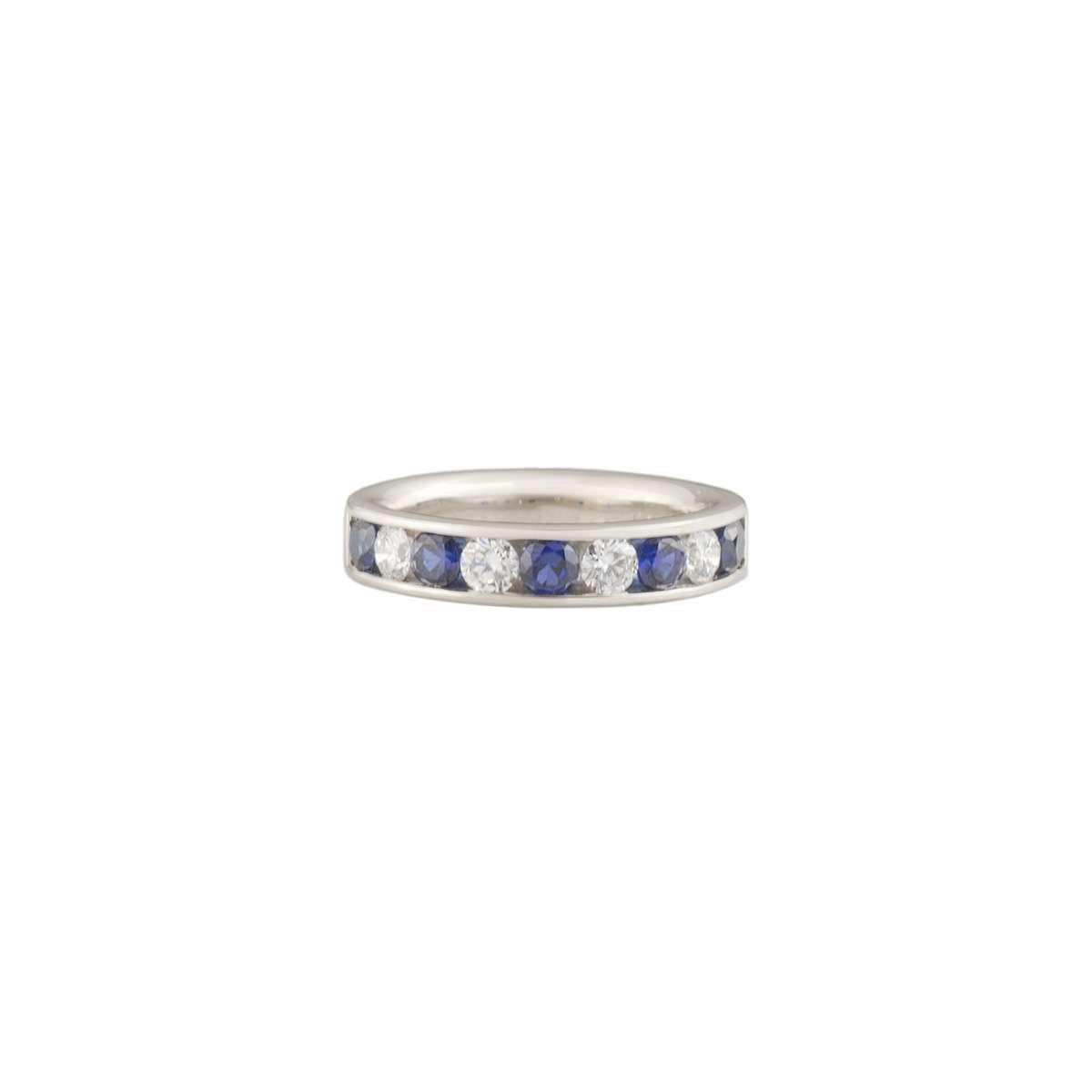 A lovely platinum diamond and sapphire half eternity ring. The ring comprises of 4 round brilliant cut diamonds alternating with 5 round brilliant cut sapphires. The diamonds have a total weight of approximately 0.40ct, G colour and VS clarity. The
