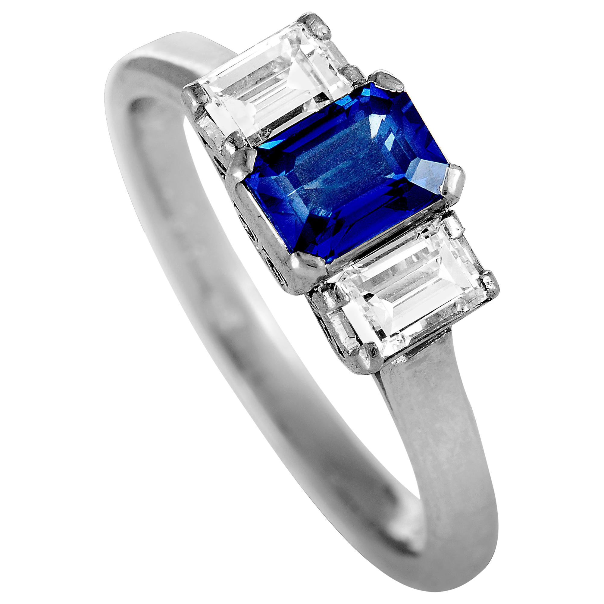 Diamond and Sapphire Platinum Rectangle Cushion Ring