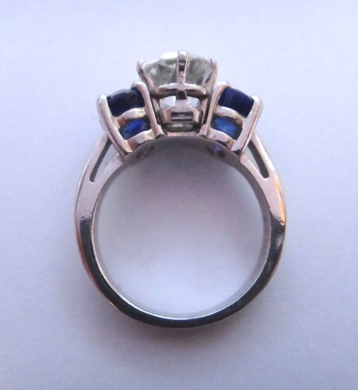Old Mine Cut Diamond and Sapphire Platinum Ring For Sale