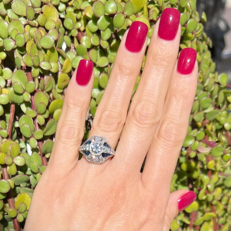 Diamond and Sapphire Platinum Vintage Dome Cocktail Ring Estate Fine