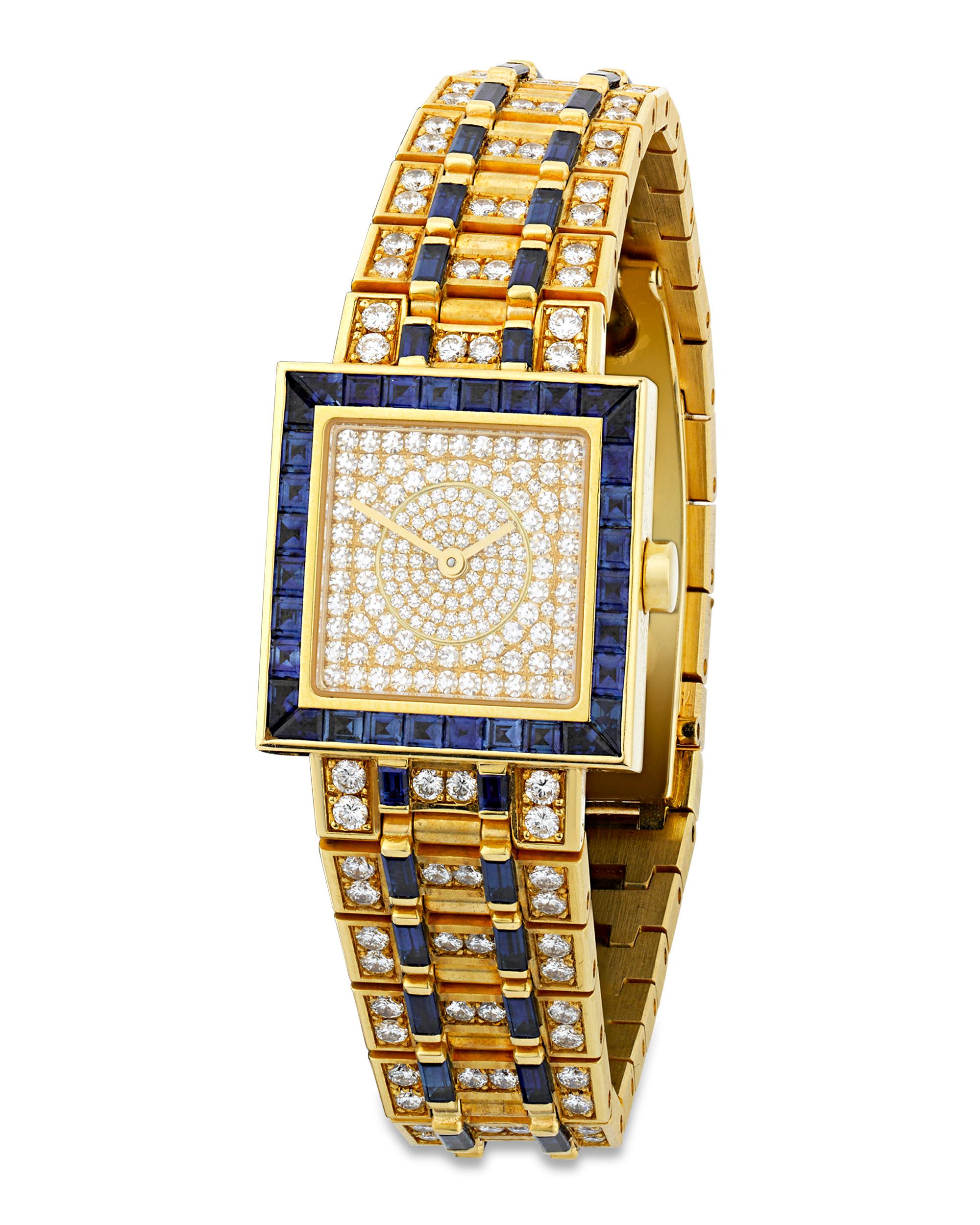 This eye-catching Quadrato wristwatch was crafted by the high-end Italian jeweler Bulgari. An array of pavé-set white diamonds totaling approximately 4.51 carats adorn the watch, which is crafted of 18K yellow gold in a dazzling link design. Deep